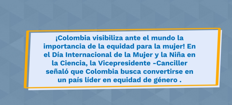 ¡Colombia visibiliza ante el mundo la importancia de la equidad para la mujer! En el Día Internacional de la Mujer y la Niña en la Ciencia, la Vicepresidente -Canciller señaló que Colombia busca convertirse en un país líder en equidad de género.